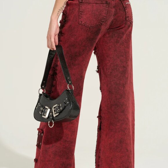 Y2K Red Distressed Wide Leg Cargo Denim Pants Grunge Size L - Picture 4 of 6